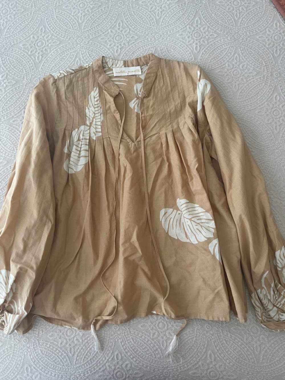Natalie Martin Tan Blouse with White Leaf Print